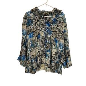 New Directions Blue Snakerskin Long Sleeve Ruffle Button Front Tunic Blouse XL